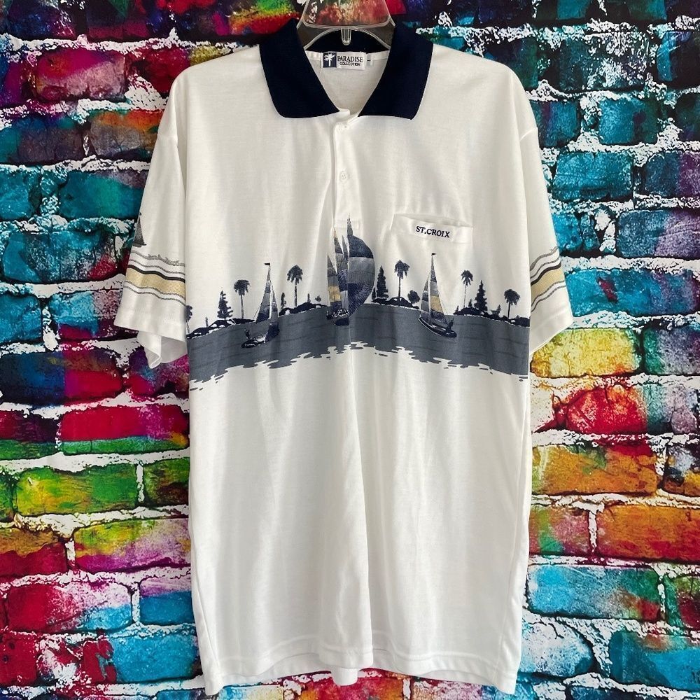 Paradise Collection St. Croix Nautical Boat Scenic Polo Shirt Size Large